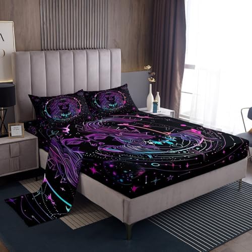 Manfei Boho Style Sheet Set Starry Galaxy Sun Moon Bedding Set Exotic Constellation Bed Sheets Teens Room Decor Black Purple (Twin Flat & Fitted Sheet with 1 Pillow Case)
