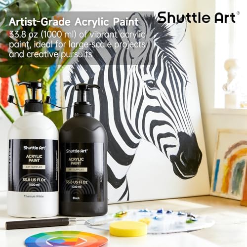 Shuttle Art Titanium White & Black Acrylic Paint Set, 2×33.8oz/1000ml Large Capacity Pump Bottles with Covers, High Coverage, Fast Drying Non-Toxic Art Paint for Artists, Students, Kids & DIY Crafts
