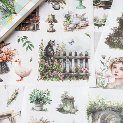 YagCu Garden Journal Stickers, 50 Sheets Washi Junk Journaling Sticker Book, Scrapbook Supplies, Watercolor Scrapbooking for Adults, Green Decorative Ephemera Arts Craft