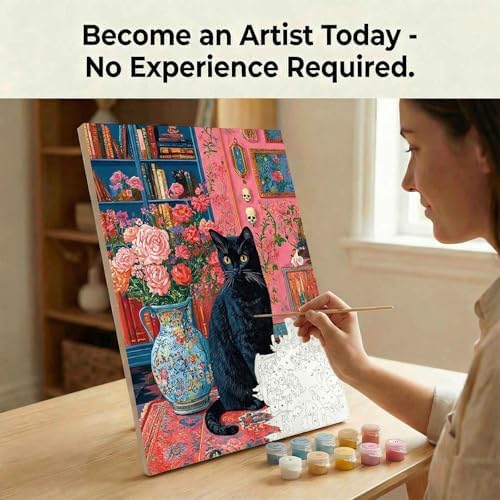 Amphol Paint by Numbers Kit for Adults - Mystic Black Cat Paint by Numbers Kit for Beginners, 16”x20” DIY Oil Painting Kit on Unframed Canvas for Home Wall Decor, Stress Relief with Acrylic Paint Set
