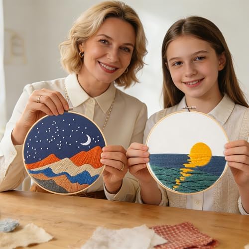 Armindou Hand Embroidery DIY Kits for Beginners Adults, Sea Sunrise Embroidery Set Needlepoint Kits, Stamped Cross Stitch Kits for Beginners Adults, 2 Embroidery Hoops, Fabric(Attached Video Tutorial)