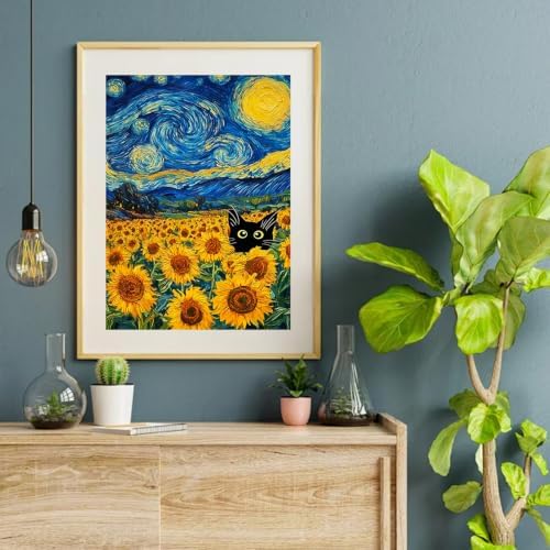 VeGuude Diamond Art Cat Kits for Adults, Full Drill Starry Night Sunflower Diamond Painting Kits for Beginners, DIY Full Rhinestone 5D Diamond dots (Gemstone Craft), Home Wall Decoration (12x16 inch)