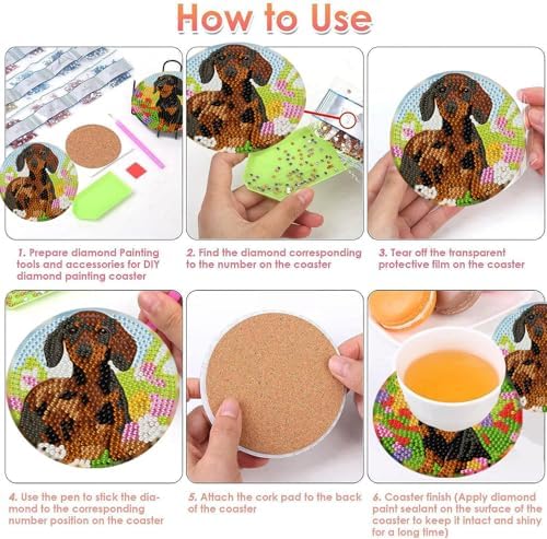 ijbnhd 8 Pcs Cute Dog Diamond Art Coasters Kits, 4x4 inch (Cork Wooden Pad)