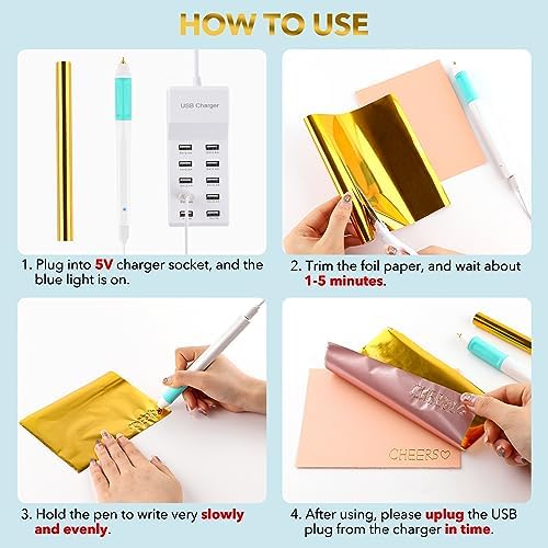 CYFUN DESIGN Hot Foil Roll & Hot Heated Foil Pens Set, Foil Quill Tool Freestyle Starter Kit, Includes 1 USB Heat Foil Pen and 13 PCS 5.9inch x 4.26feet Foil Rolls for Card Making