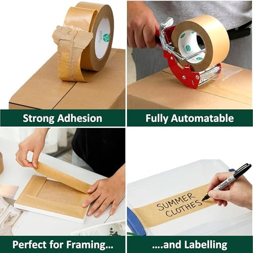 Ultra Strong Kraft Paper Packing Tape, Heavy Duty Brown Packing Tape for Box & Carton Sealing Packaging Shipping Moving & Masking, Eco Friendly Biodegradable Printable, 2 Inch x 44 Yard, 3 Rolls