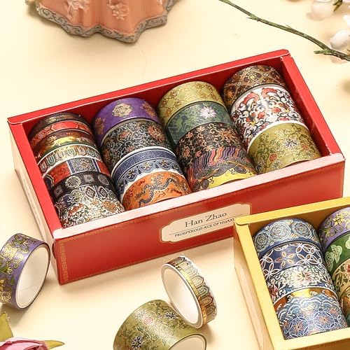 20 Rolls Chinese Style Washi Tape Set, Ancient Palace Pattern Decorative Masking Tapes with Gold Foil, Various Sizes for Craft, Scrapbook, DIY, Gift Wrapping (21-Auspicious Palace Brocade)
