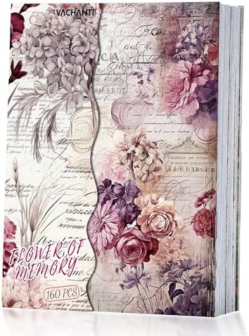 160 Sheets Vintage Flower Scrapbook Paper, Junk Journal Supplies, Purple Pink Flowers with Cursive Script No Repeating Perfect for Junk Journal DIY Cards Craft Albums Scrapbooking Supplies (Purple)