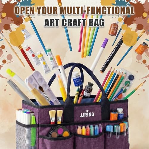 JJRING Large Art Supply Storage Tote Bag With Mesh Pockets, Purple