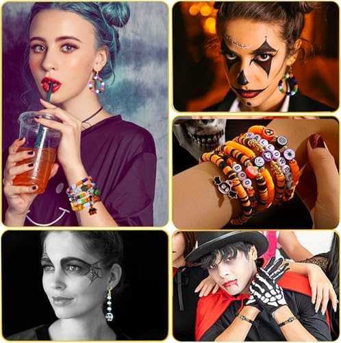 1970Pcs Halloween Bracelet Kit, Halloween Beads for Bracelets Jewelry Making Orange Black White Purple Polymer Clay Beads Pumpkin Evil Eye Skull Bead with Ghost Spider Charms for DIY Craft Earring