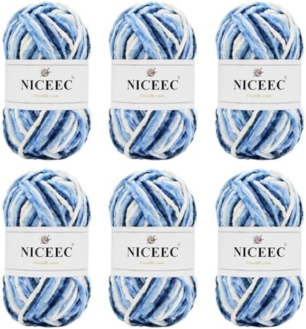 NICEEC 2 Skeins Soft Chenille Yarn 2 x255m (2X 279yds, 3X 150g)_Blue White