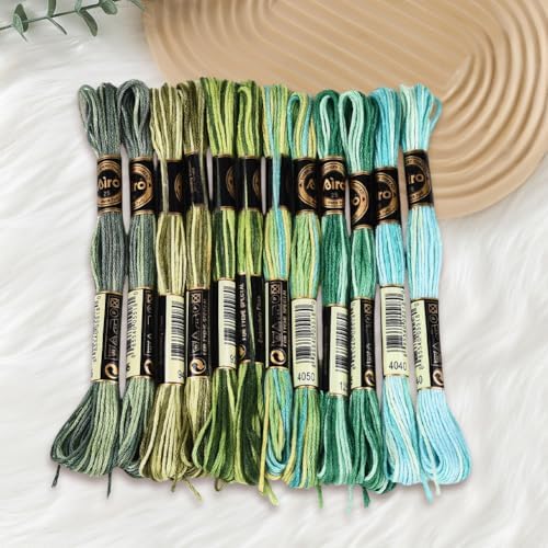 12 Skeins 105 Yards Green Embroidery Thread Variegated Cross Stitch Floss Bulk 6 Ply Polyester Yarn Colorful Friendship Bracelet String for Sewing Making Needlecraft Knitting Stitching DIY