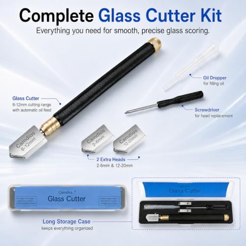 Glass Cutter 2mm-20mm, Upgrade Glass Cutter Tool, Pencil Style Oil Feed Carbide Tip for Glass Cutting/Tiles/Mirror/Mosaic. | 3 Cutting Ranges, Carbide Wheels, Automatic Oil Feed, Pencil Grip, Storage Case, Glass Cutter for Mirrors & Stained Glass