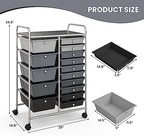 GOFLAME 15-Drawer Rolling Storage Cart, Craft Storage Cart with Removable Drawers & Lockable Wheels, Art Cart Supply Storage Organizer for Home Office Classroom, Gray Gradient