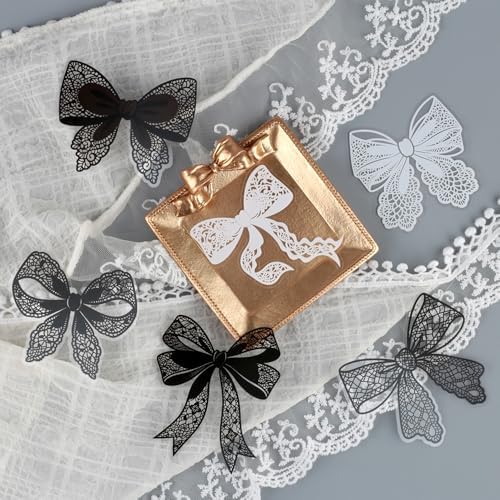 20Pcs Lace Bow Stickers for Scrapbooking Junk Journal Supplies Black White Bows PET Stickers for Journaling Scrapbook Sticker Pack Collage Vintage Decorative Sticker Stationery Decals for Crafts