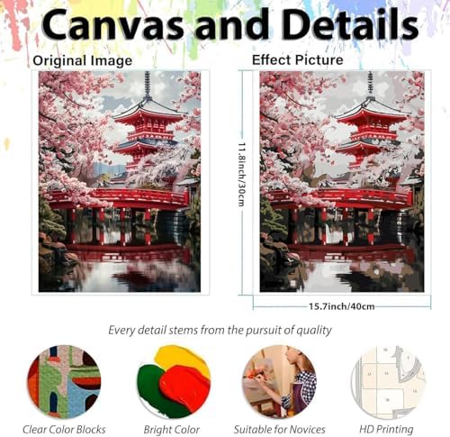 EIBEILI Plum Blossom Paint by Numbers Kit for Adults Beginner,Beautiful Temple Adult Paint by Number Kits on Canvas,Easy Canvas Paint by Numbers for Adults for Home Wall Decoration 12 X 16 inch