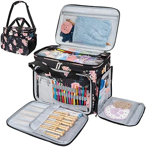 PAVILIA Knitting Yarn Storage Bag Crochet Knitter Organizer, Floral Black