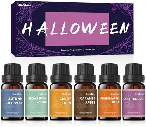 AmaKane Halloween Fragrance Oil Set, 6x10ml Fall Essential Oils for Diffuser, Candle Soap Making Scents- Brown Sugar and Fig, Pumpkin Apple Butter, Caramel Apple, Candy Corn and More