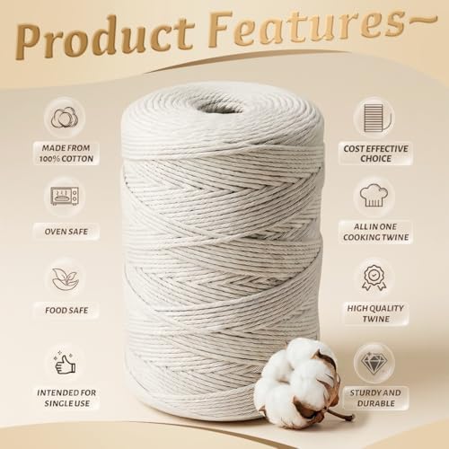 SMART&CASUAL 700 Feet 100% Cotton Butcher Twine String 2mm Food-Grade Cooking Twine for Kitchen Roasting Turkey Sausage Meat Prep Baking Crafts Crocheting Gift Wrapping Gardening