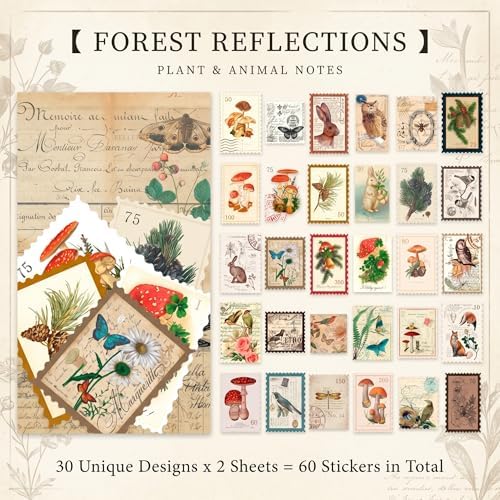 60pcs Vintage Postage Stamp Stickers, Aesthetic Sticker for Scrapbooking, Journaling Supplies, Planners, Kid DIY Art Crafts, Bullet Journal Ephemera