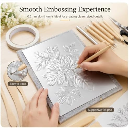 Yaocom 22 Pcs Metal Embossing Kit for Beginners, 0.3mm Thick Aluminum Sheets with Embossing Tools, Stylus, Tracing Paper and Felt Pad, 8 x 12 Inch DIY Craft Set for Art, Frame Not Included