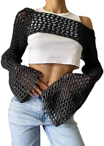 KEOMUD Women Crochet Tops Y2K Hollow Knit Bolero Shrug