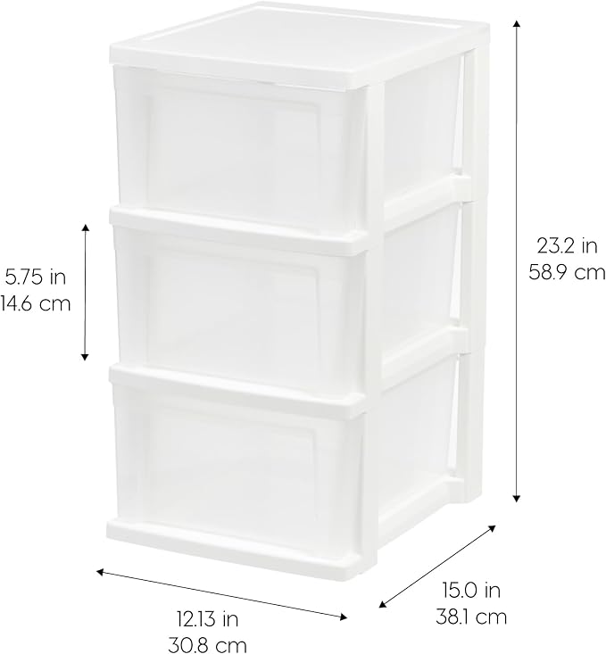 IRIS USA 3-Drawer Slim Narrow Storage Organizer, 2-Pack, White/Clear
