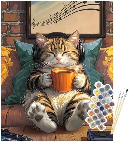 Gaming Cat Paint by Numbers Kit for Adults, Music & Coffee Art, 16x20 Inch