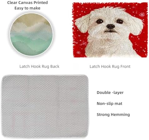 Latch Hook Rug Kit for Adults Merry Christmas Maltese Dog Pre-Printed Handmade Carpet Crochet Yarn Craft DIY Hook and Latch Door Mat Tapestry Home Floor Decoration 52x38cm(12)
