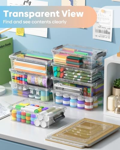 BiuLeon 8 Pack Large Pencil Box Set, Plastic Clear Pencil Case Marker Organizer, Crayon Box Craft Organizers, Stackable Storage Containers with Lid for Pen, Art and Craft Supplies(Grey)