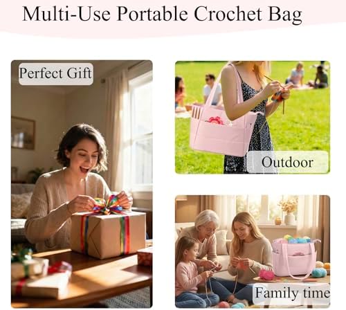 Crochet Bag for Yarn Storage, Puffer Knitting Bag with Soft Handles, Lightweight Yarn Storage Organizer with Zipper for Crochet Accessories, Gifts for Crocheters (Pink)