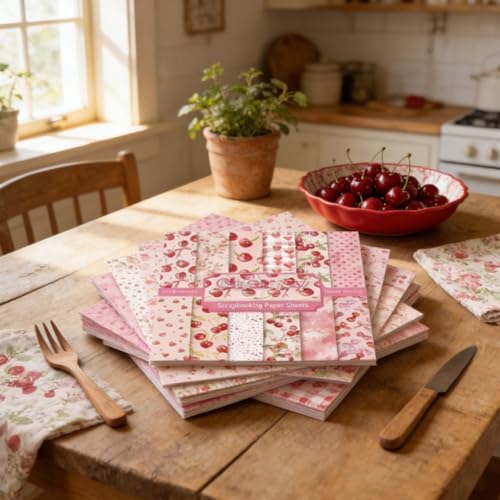 6in Pink Cherry Scrapbooking Paper Pad, 24 Sheets Aesthetic Patterned Decor for Collage Decoupage Junk Journals Wrapping Folded Materials Arts Gift Card Making DIY Crafts Origami Photo Album