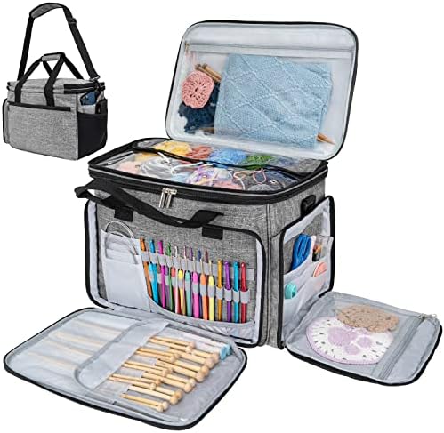 PAVILIA Knitting Bag Yarn Storage Tote, Large Crochet Organizer Bag, Yarn Storage Holder for Crocheting Knitter, Knitting Project Bag, Crochet Accessories Set, Gifts For Crochet Lovers, Heather Grey