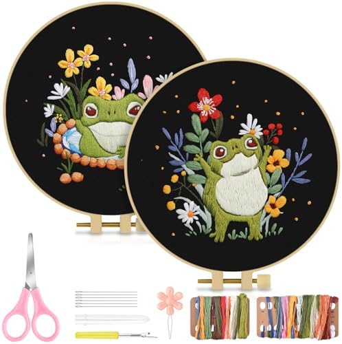 TINDTOP 2 Pack Embroidery Kit for Adult, Embroidery DIY Starter Kit, with Stamped Patterns, Hoop, Tools, Colorful Threads with Needles, Instructions (Frog)
