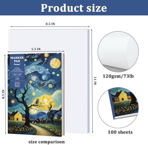 Tlenpo 8.5 x 5.5 Marker Paper Pad 100 Sheets, Bleedproof Sketchbook for Alcohol Markers, 120gsm/73lb Art Sketch Pad Paper Painting Coloring Paper for Drawing & Coloring