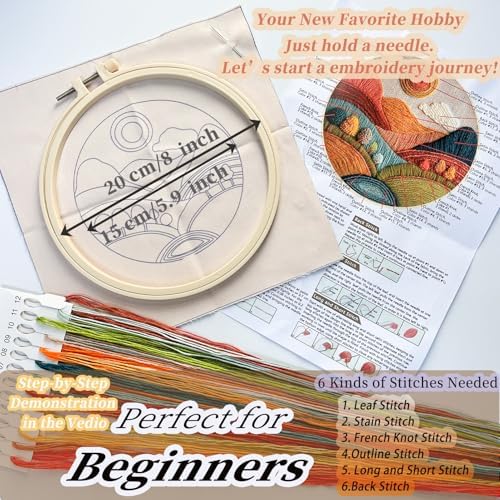 FONNUY Embroidery Kit for Beginners, Textured Vibrant Nature Landscape Pre-Stamped Pattern Kits for Adults with Hoop, Easy to Follow Color Thread Needlework, 8'' Hoop (Red 2)