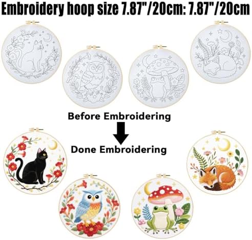 ORIGACH 4 Pack Animal Embroidery Kits Cat Frog Owl Fox Embroidery Sampler Kit Include Adjustable Hoops and Instruction Starter DIY Needlepoint for Adult Beginners