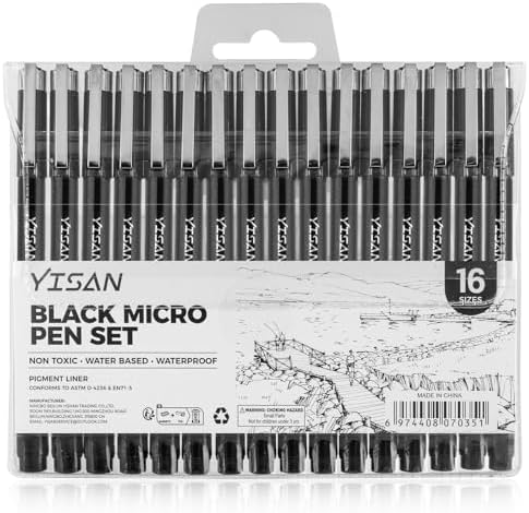 YISAN Black Drawing Art Markers,Micro Fineliner Manga Pens,Calligraphy Pens for Sketching Technical Drawing,16 set 70351