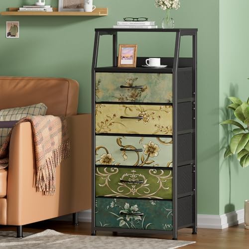 Furnulem 5 Drawers Dresser for Bedroom, Fabric Tall Nightstand