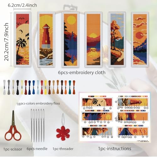 ORIGACH 6 Set Sunset Landscape Cross Stitch Bookmark Kit for Beginner