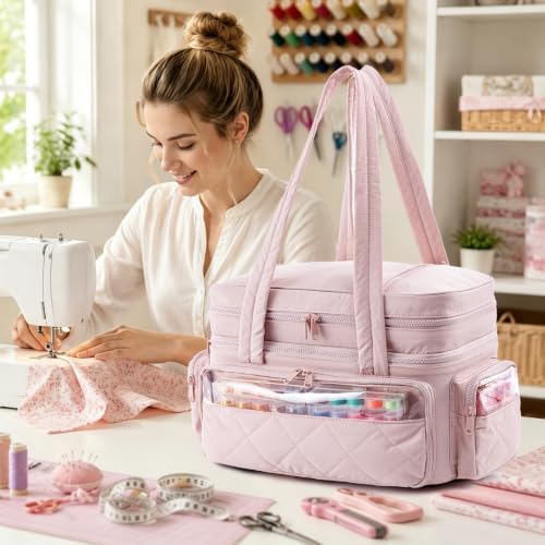 AMOIGEE Puffy Double-Layer Sewing Storage Bag with 2 Clear Organizer Boxes