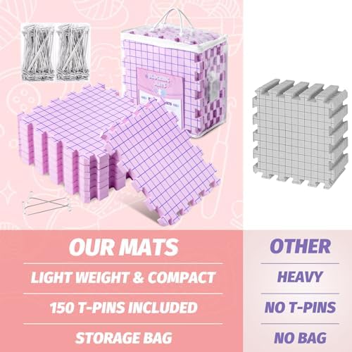 Opstin Knitting Blocking Mats and Pins, Interlocking Blocking Boards for Crochet Projects 0.75'' Extra Thick Blocking Mats with 150 T-Pins and Storage Bag