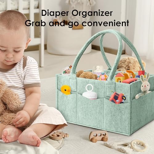 HIPHOP PANDA 2-Pack Diaper Caddy Organizer - Nursery Storage Bin & Car Organizer for Diapers, Wipes, and Baby Essentials - Dual-Color Solid Set (Green/Oatmeal), Large Size