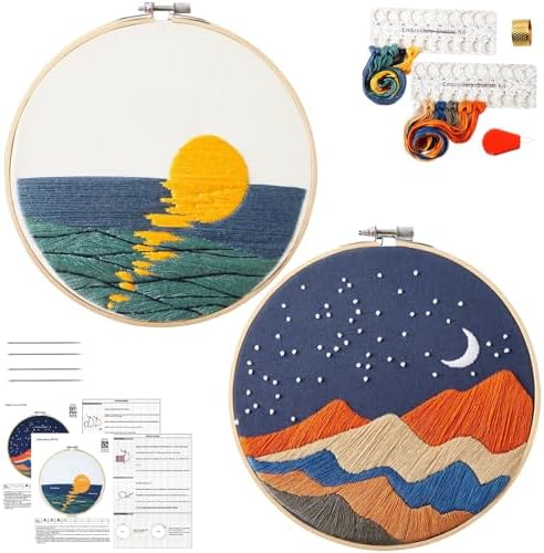 Armindou Hand Embroidery DIY Kits for Beginners Adults, Sea Sunrise Embroidery Set Needlepoint Kits, Stamped Cross Stitch Kits for Beginners Adults, 2 Embroidery Hoops, Fabric(Attached Video Tutorial)