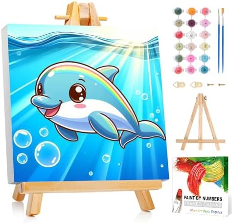 Reivworl Dolphin Paint by Numbers Kit for Kids with Frame 8×8 inch