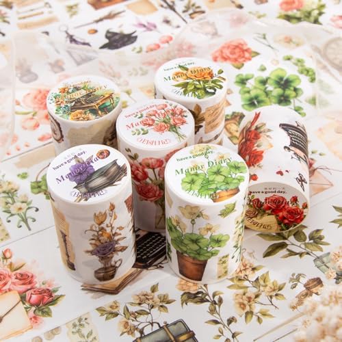 Alideco 6pcs Decorative Adhesive Tapes Vintage Botanical Flowers Washi Tape Great for Bullet Journal Supplies, Arts, Scrapbook, DIY Crafts, Planners(zhuangyuanriji)
