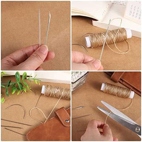 55 Yards Waxed Thread and 7 Leather Needles Set for Hand Sewing, Khaki
