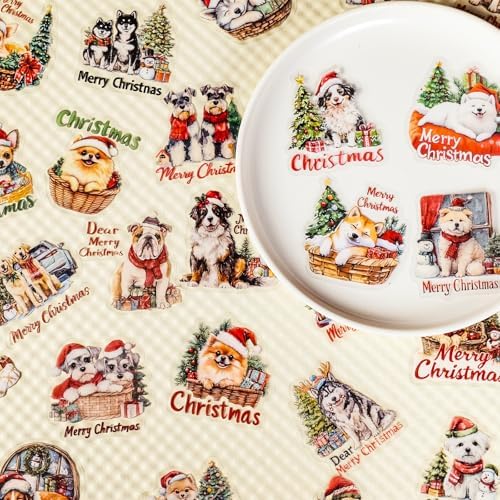 56 Pcs Cute Christmas Dog Stickers, Clear Waterproof Scrapbook Stickers with Santa Hat & Gifts, Adorable Puppy Holiday Decorative Decals for Journals, Crafts Cards Making