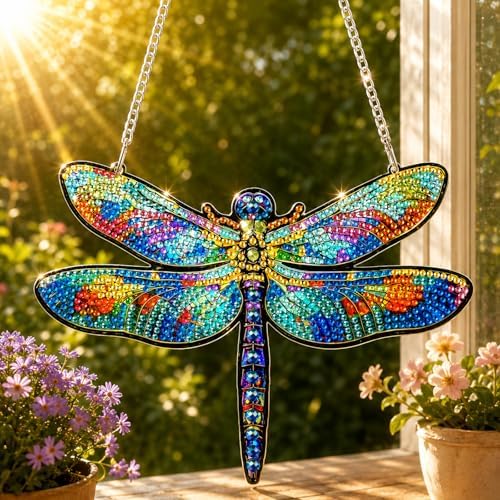 HMZephitiquc Dragonfly Hanging Diamond Art Kits for Adults, Special Shaped Crystal Diamond Painting Suncatchers, 5D Gem Art, Sun Catchers DIY Craft Kits for Gift Home Decor