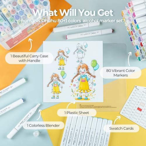 Ohuhu Alcohol Markers 80 Colors for Beginners Chisel& Fine for Coloring | Dual Tips Alcohol-based Art Marker Set with Blender for Adults Artists Drawing Illustration Sketching, Great Value Pack