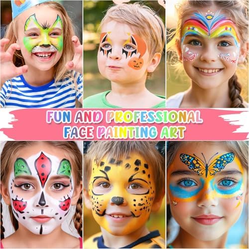 Professional Face Painting Kit, 26 Colors Oil Palette Face Paint with 6 Stencils, 41 Stencil Stickers, 10 Brushes, 9 Body Glitter, 2 Sheets Adhesive Gems, Rainbow Facepaint for Party & Halloween